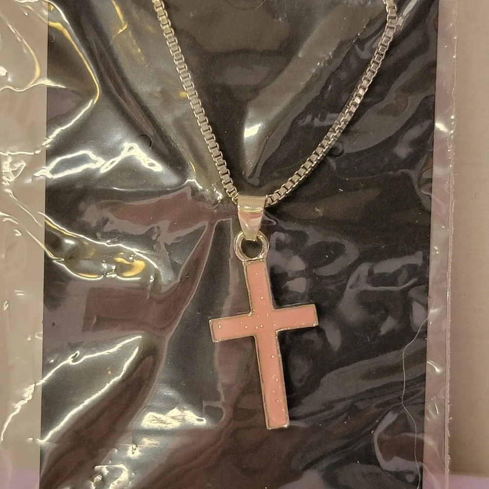 Simple Pink Enamel In Silvertone Cross Religious Faith Necklace